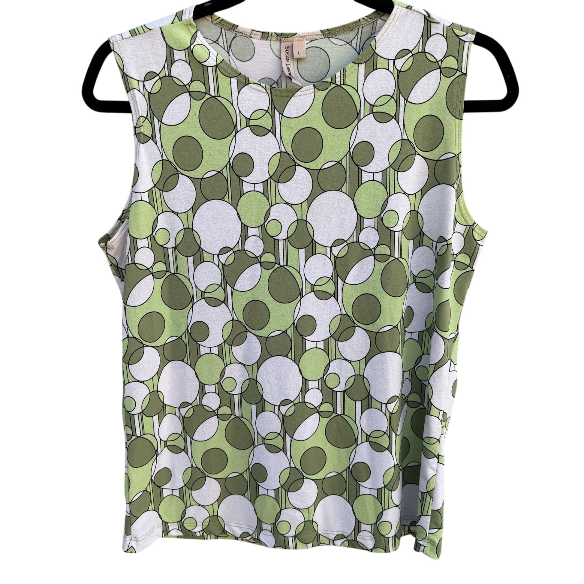 Susan Lawrence Womens Mod Sleeveless Green White Circle Pattern Jersey Shirt Top L