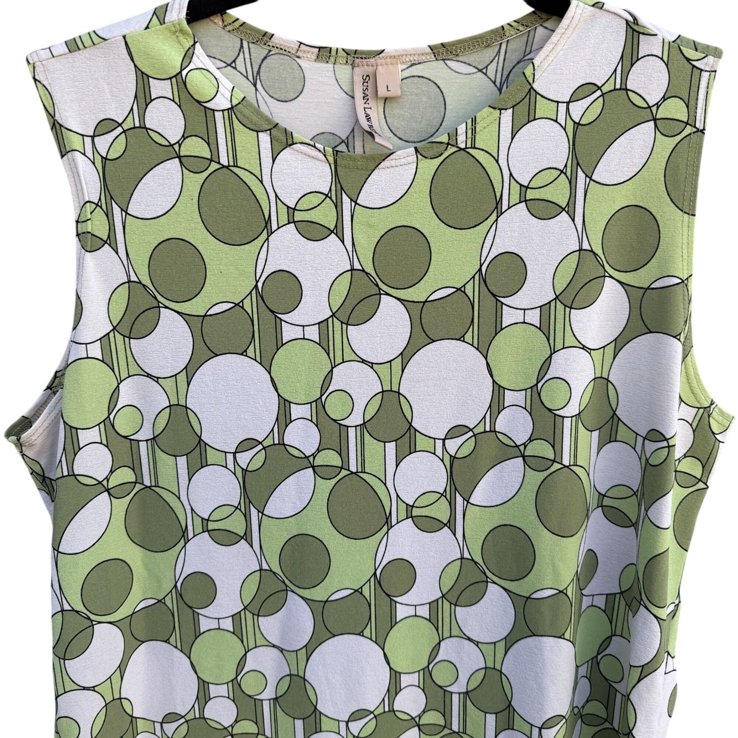 Susan Lawrence Womens Mod Sleeveless Green White Circle Pattern Jersey Shirt Top L