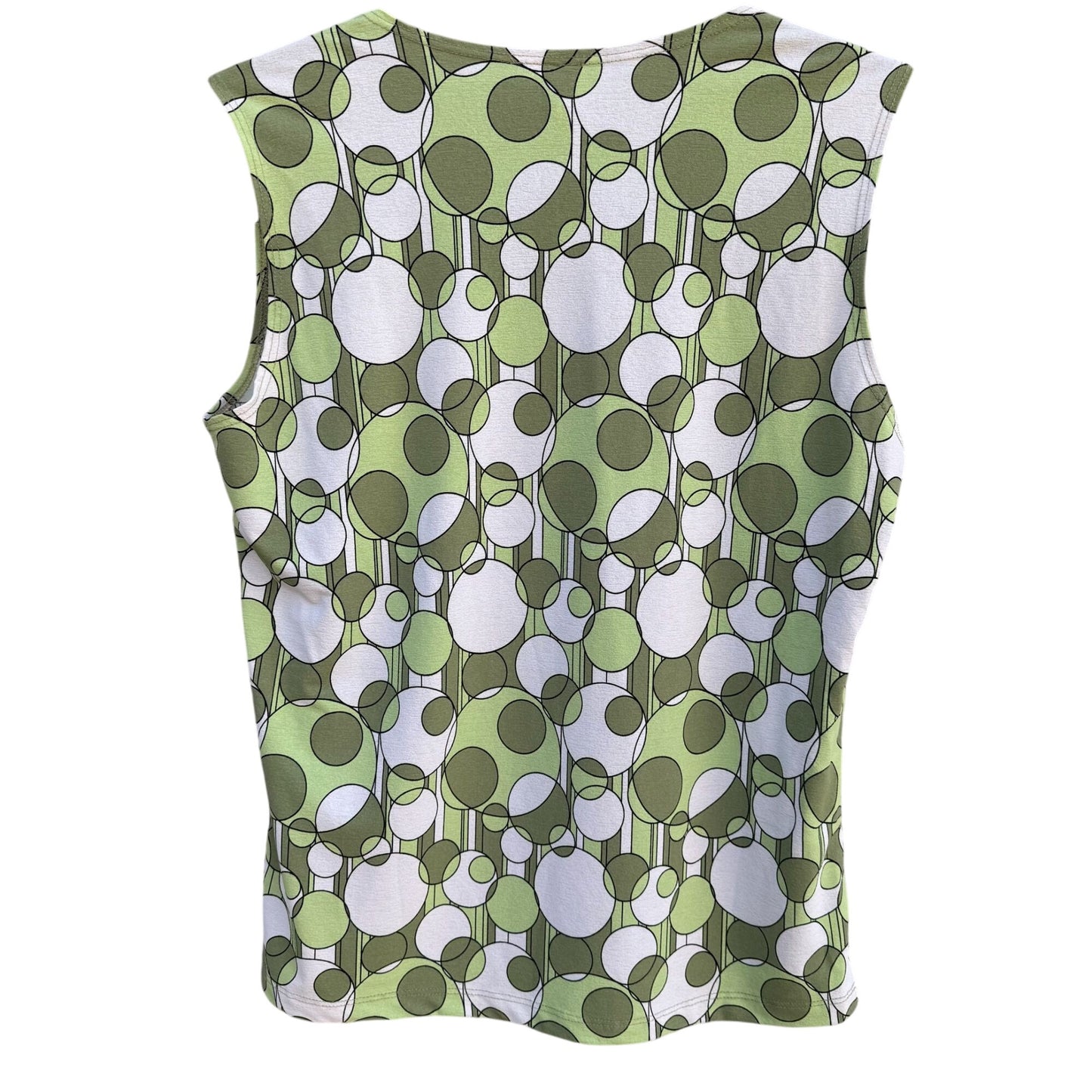 Susan Lawrence Womens Mod Sleeveless Green White Circle Pattern Jersey Shirt Top L