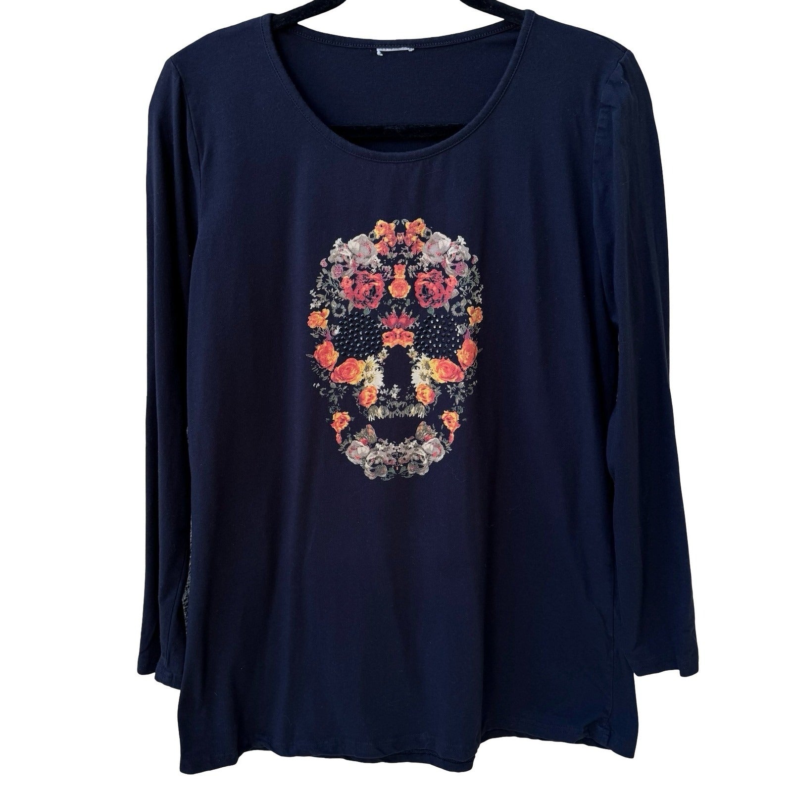 Sugar Skull Dark Floral Day of the Dead Gothic Edgy Rocker Studded Graphic Shirt