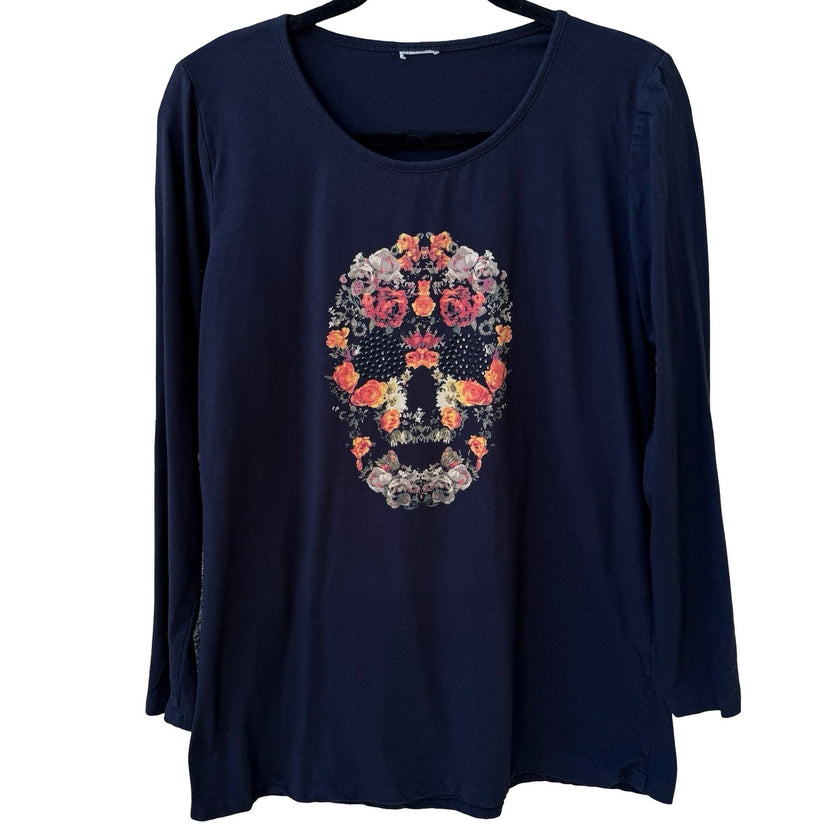 Sugar Skull Dark Floral Day of the Dead Gothic Edgy Rocker Studded Graphic Shirt