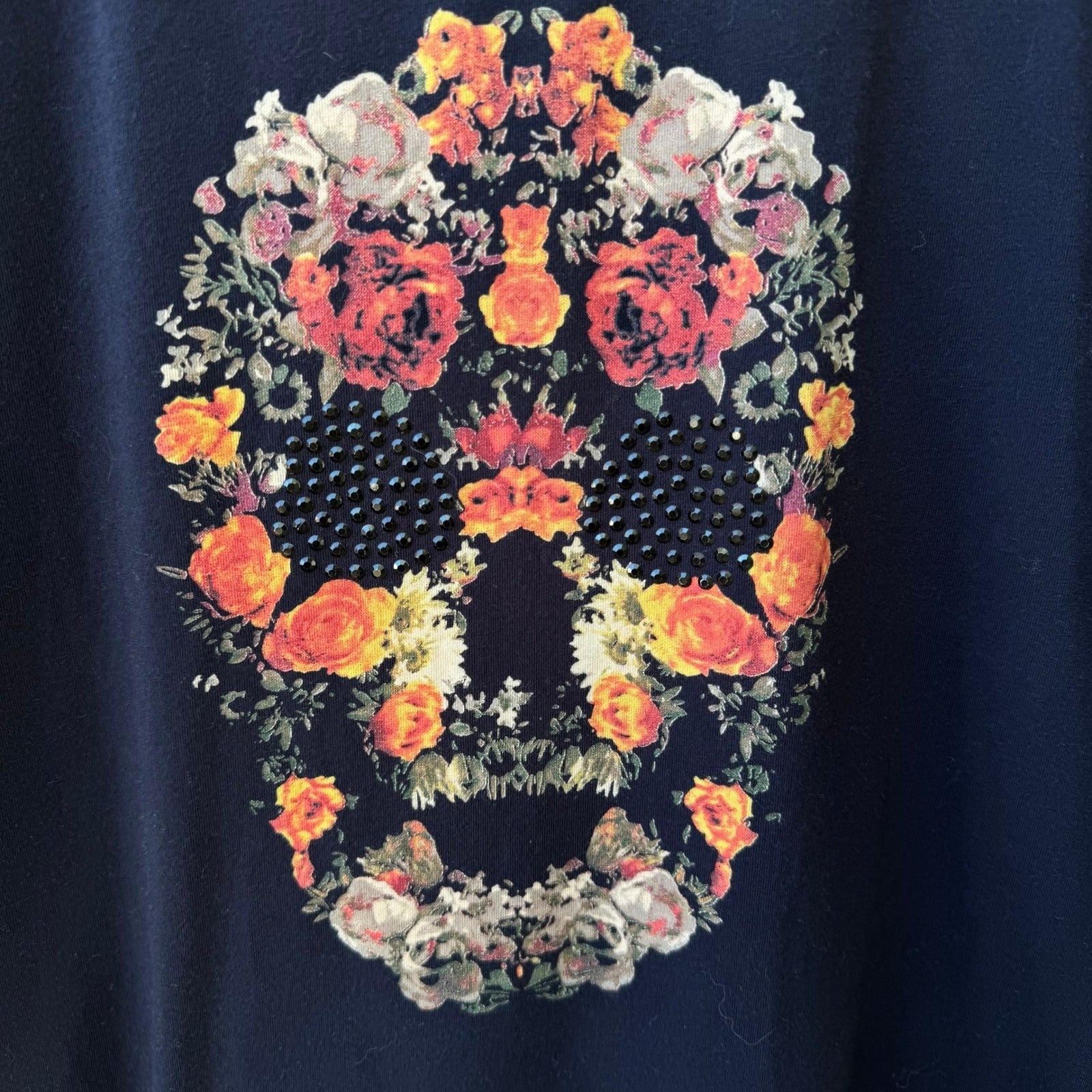 Sugar Skull Dark Floral Day of the Dead Gothic Edgy Rocker Studded Graphic Shirt