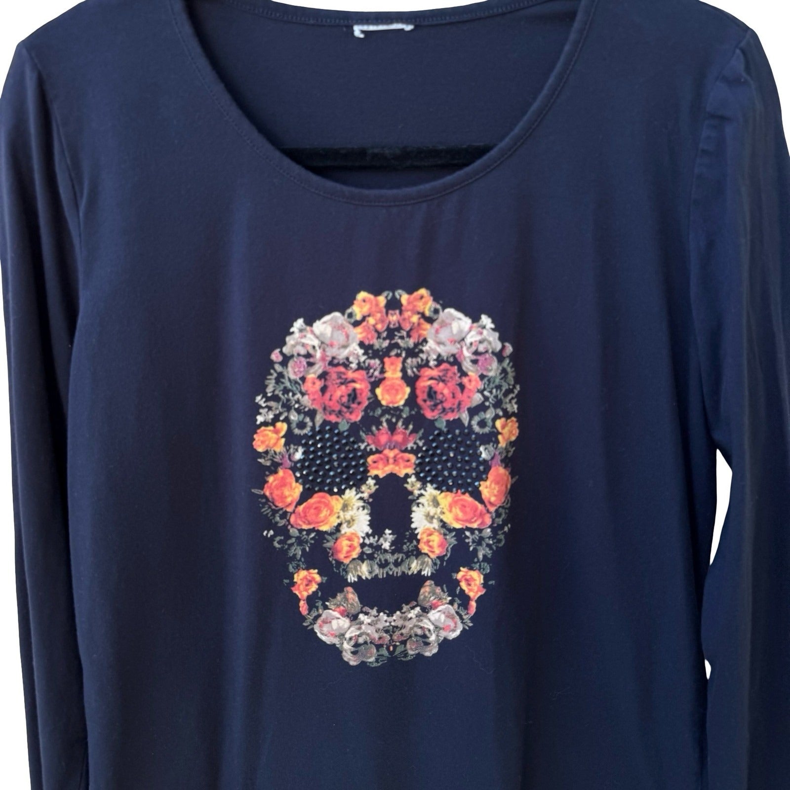 Sugar Skull Dark Floral Day of the Dead Gothic Edgy Rocker Studded Graphic Shirt