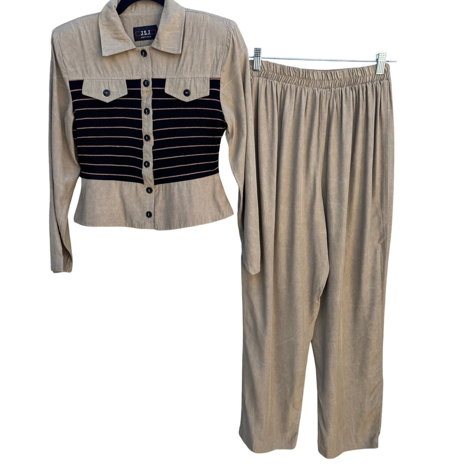 JSJ Petites Vintage 2 Piece Pant Set Tan Black Striped Button Jacket Trousers