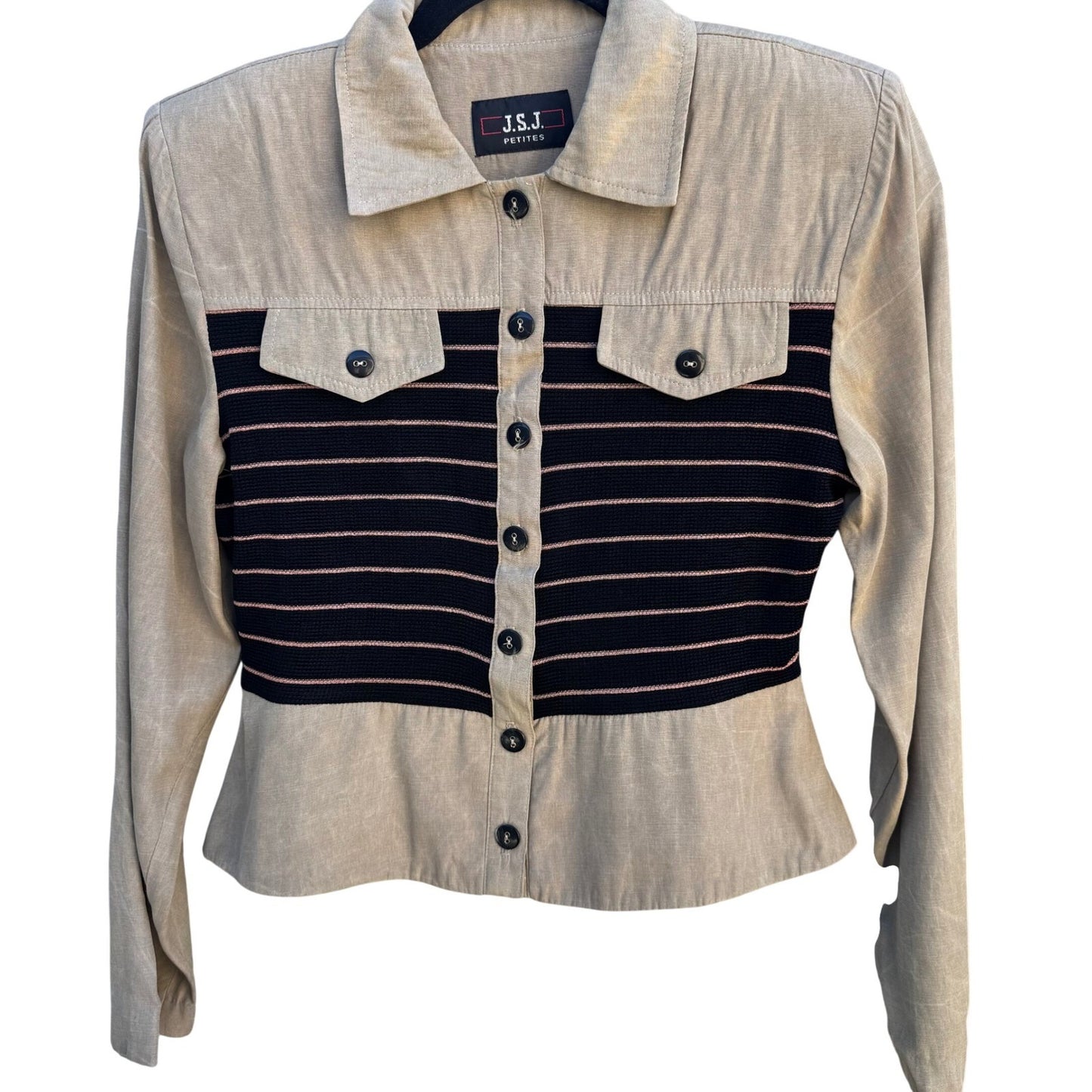 JSJ Petites Vintage 2 Piece Pant Set Tan Black Striped Button Jacket Trousers