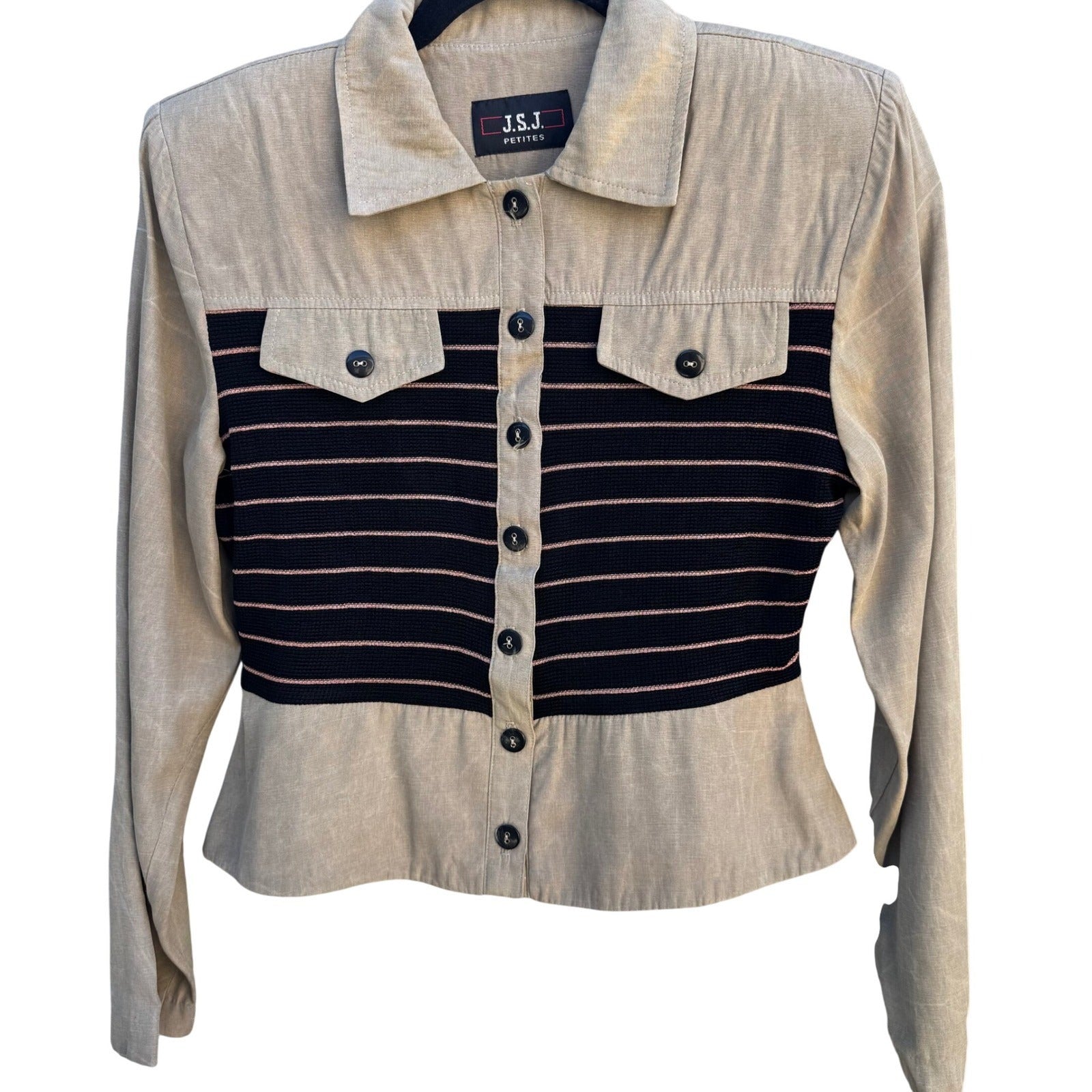 JSJ Petites Vintage 2 Piece Pant Set Tan Black Striped Button Jacket Trousers
