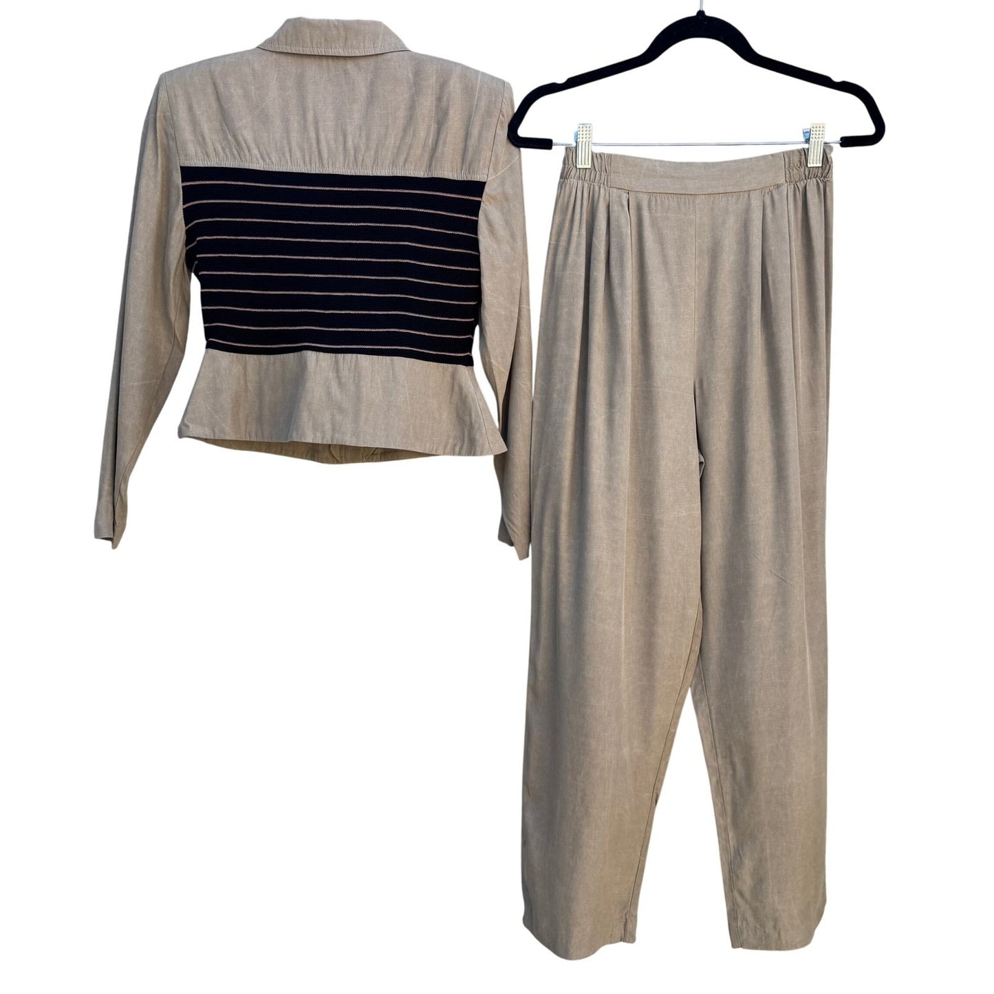 JSJ Petites Vintage 2 Piece Pant Set Tan Black Striped Button Jacket Trousers