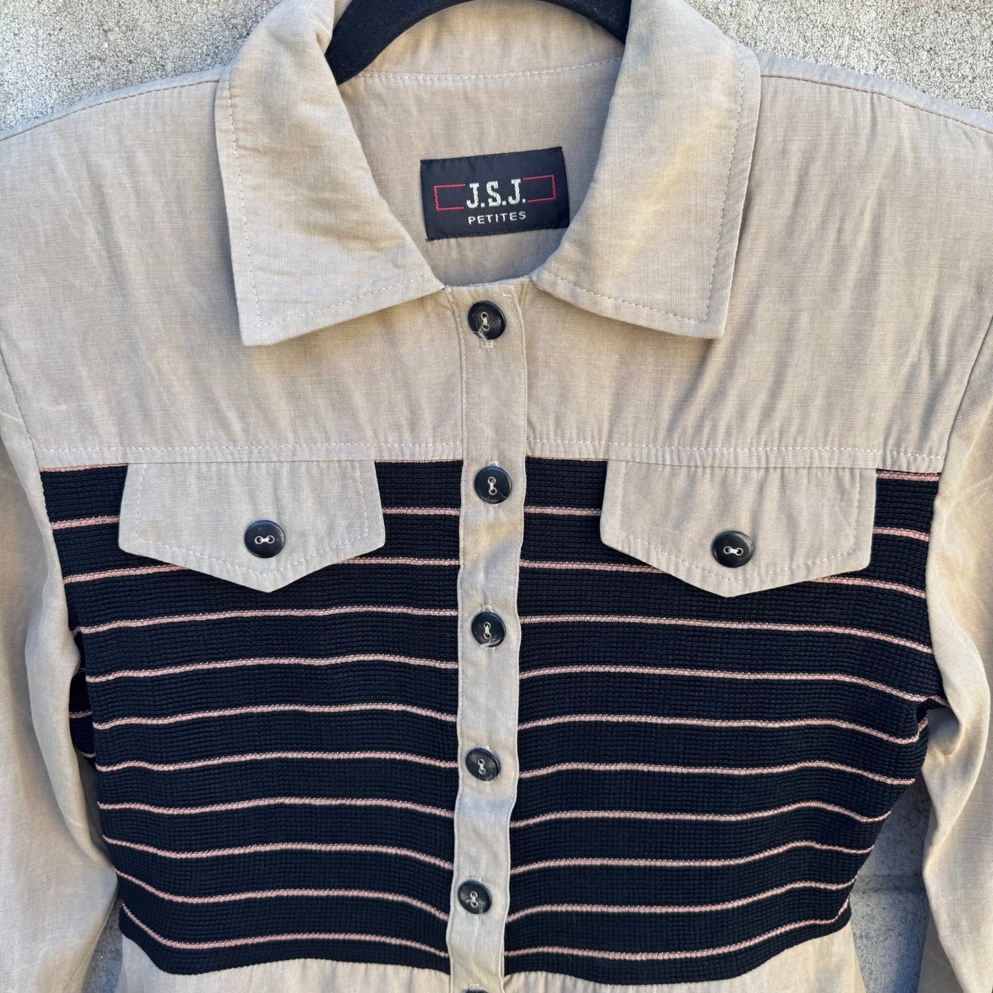 JSJ Petites Vintage 2 Piece Pant Set Tan Black Striped Button Jacket Trousers