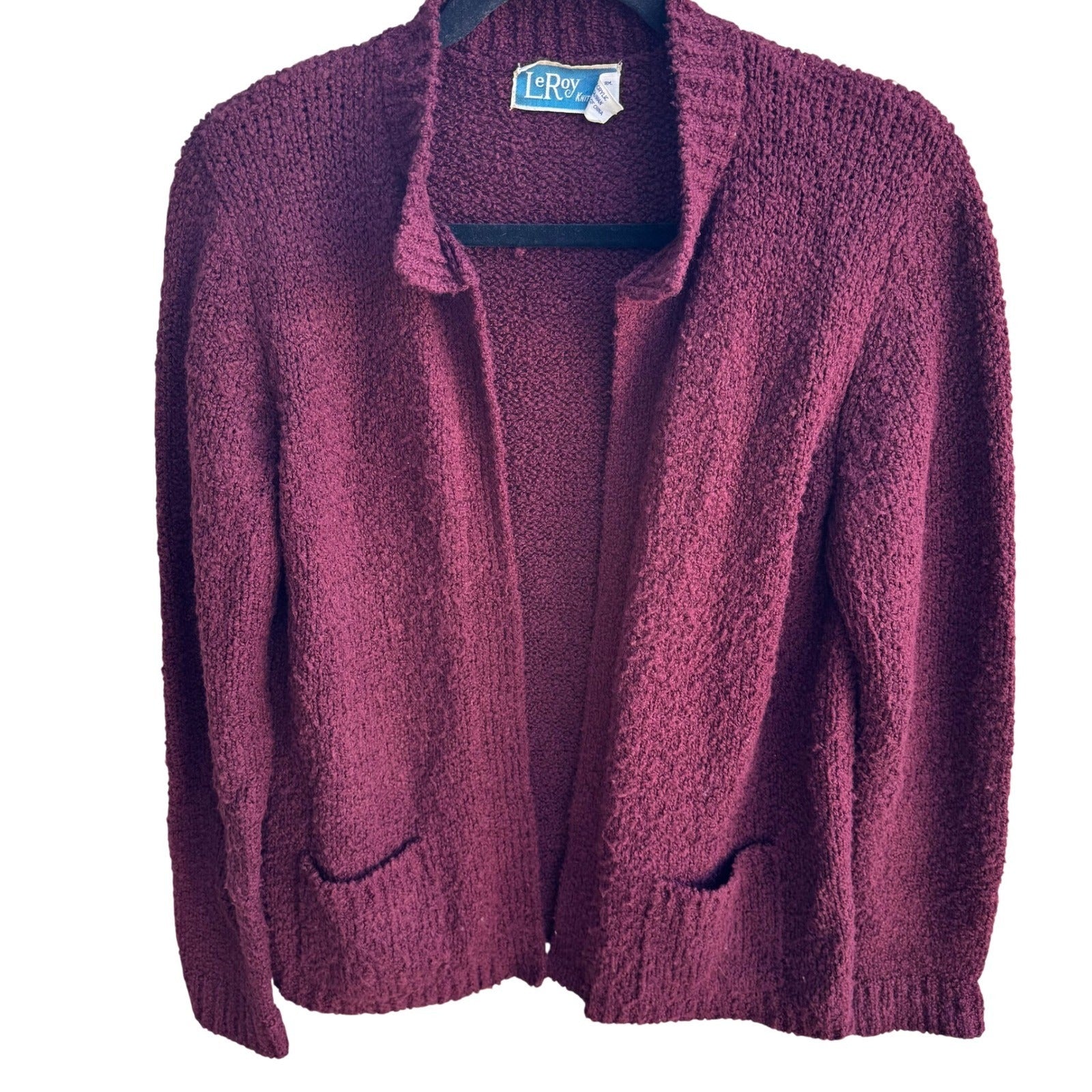 LeRoy Knitwear Vintage Burgundy Boucle Open Front Cardigan Sweater Womens Large
