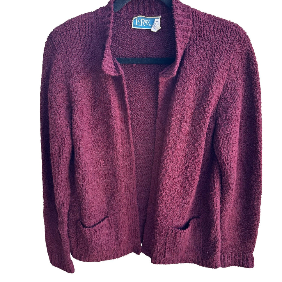 LeRoy Knitwear Vintage Burgundy Boucle Open Front Cardigan Sweater Womens Large