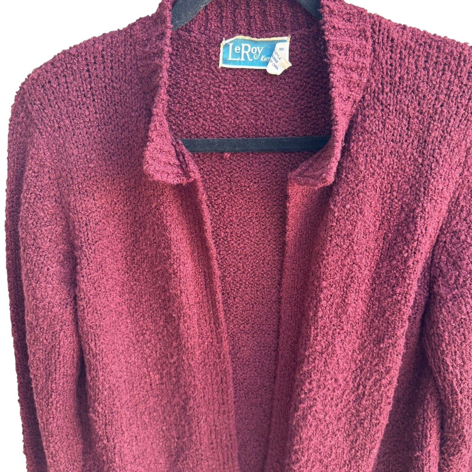 LeRoy Knitwear Vintage Burgundy Boucle Open Front Cardigan Sweater Womens Large