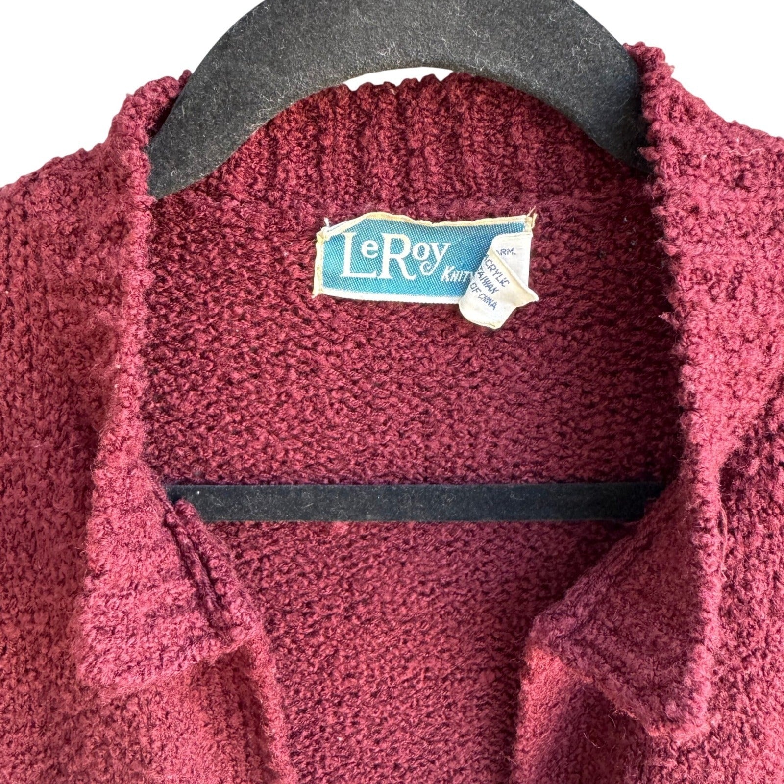 LeRoy Knitwear Vintage Burgundy Boucle Open Front Cardigan Sweater Womens Large