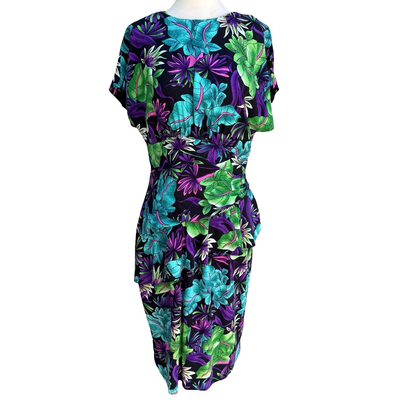 St. August II Vintage 80s Tropical Floral Midi Dress Side Ruffle Black 14 Resort