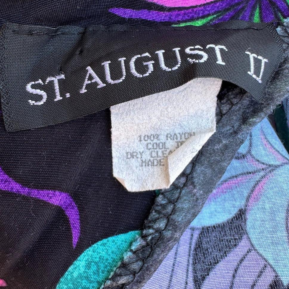St. August II Vintage 80s Tropical Floral Midi Dress Side Ruffle Black 14 Resort