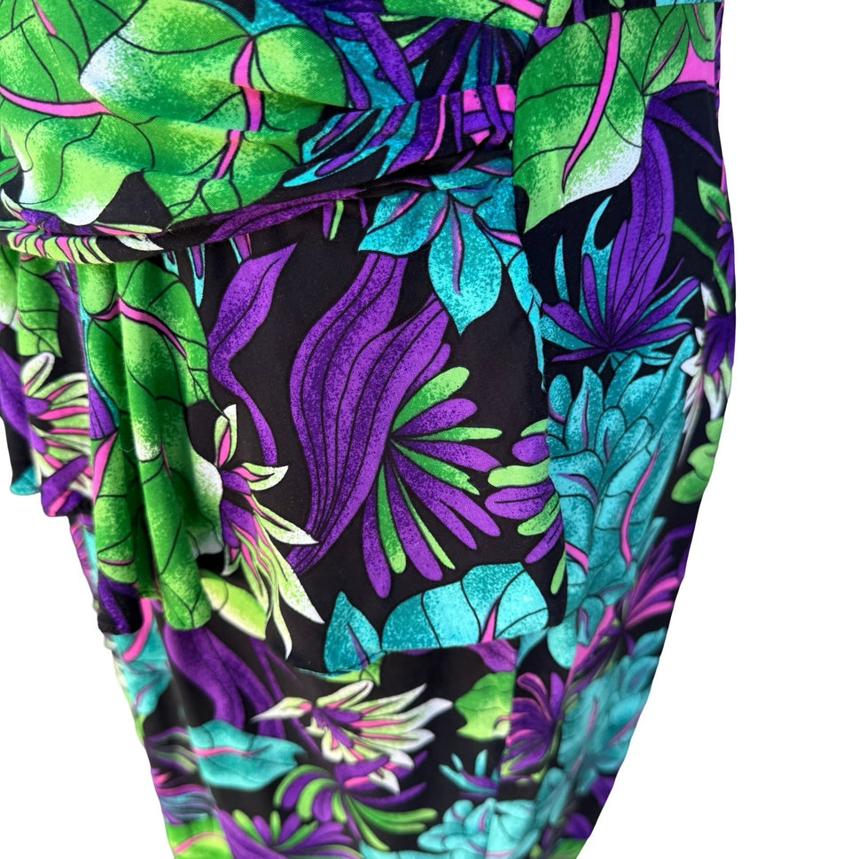 St. August II Vintage 80s Tropical Floral Midi Dress Side Ruffle Black 14 Resort