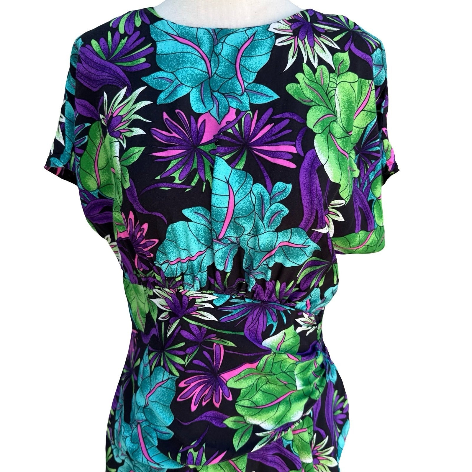 St. August II Vintage 80s Tropical Floral Midi Dress Side Ruffle Black 14 Resort