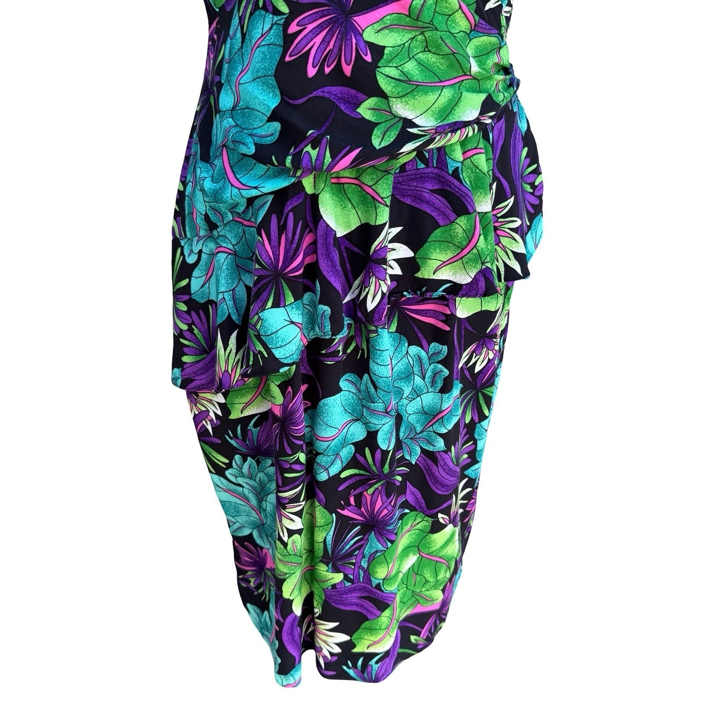St. August II Vintage 80s Tropical Floral Midi Dress Side Ruffle Black 14 Resort