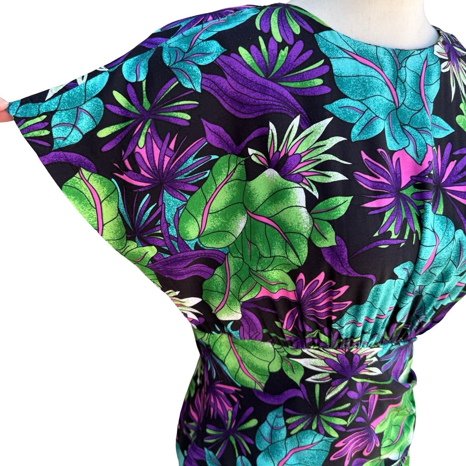 St. August II Vintage 80s Tropical Floral Midi Dress Side Ruffle Black 14 Resort