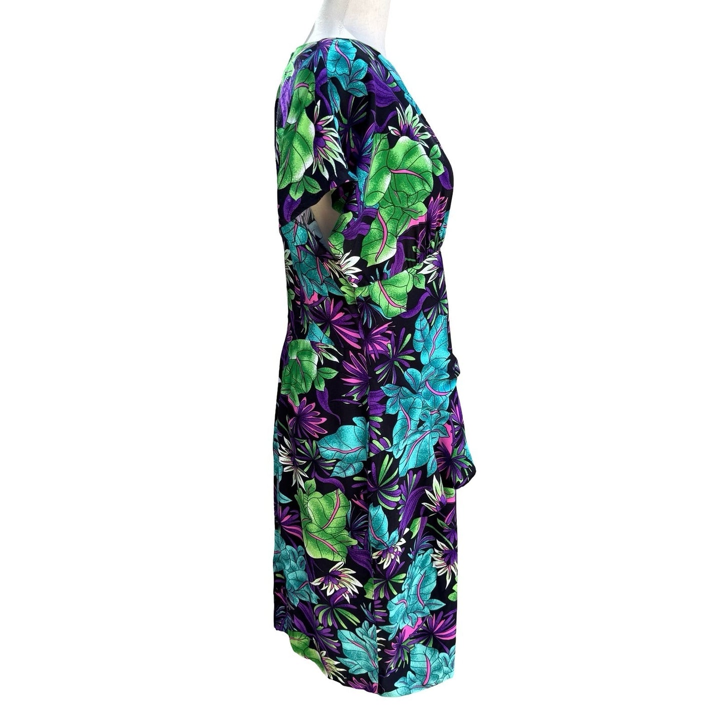 St. August II Vintage 80s Tropical Floral Midi Dress Side Ruffle Black 14 Resort