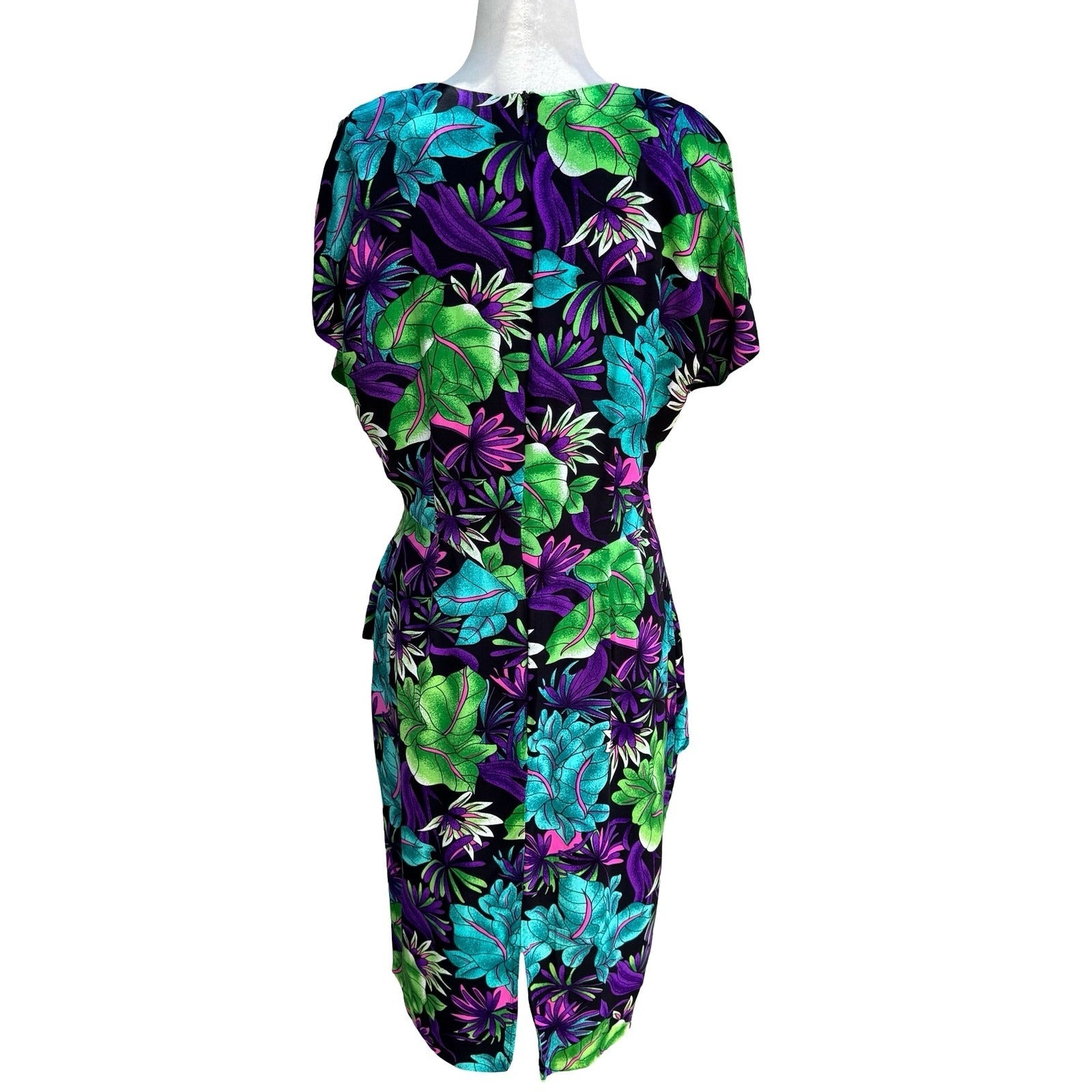 St. August II Vintage 80s Tropical Floral Midi Dress Side Ruffle Black 14 Resort