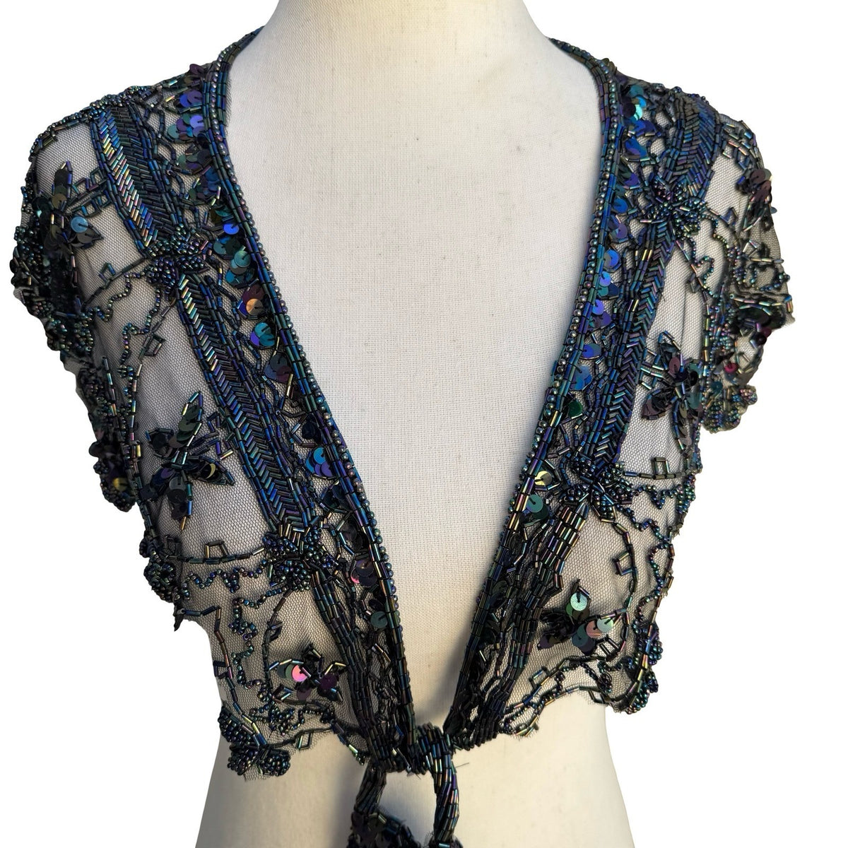 Vintage Glam Iridescent Beaded Mesh Bolero Shrug Tie Front Floral Capelet OS