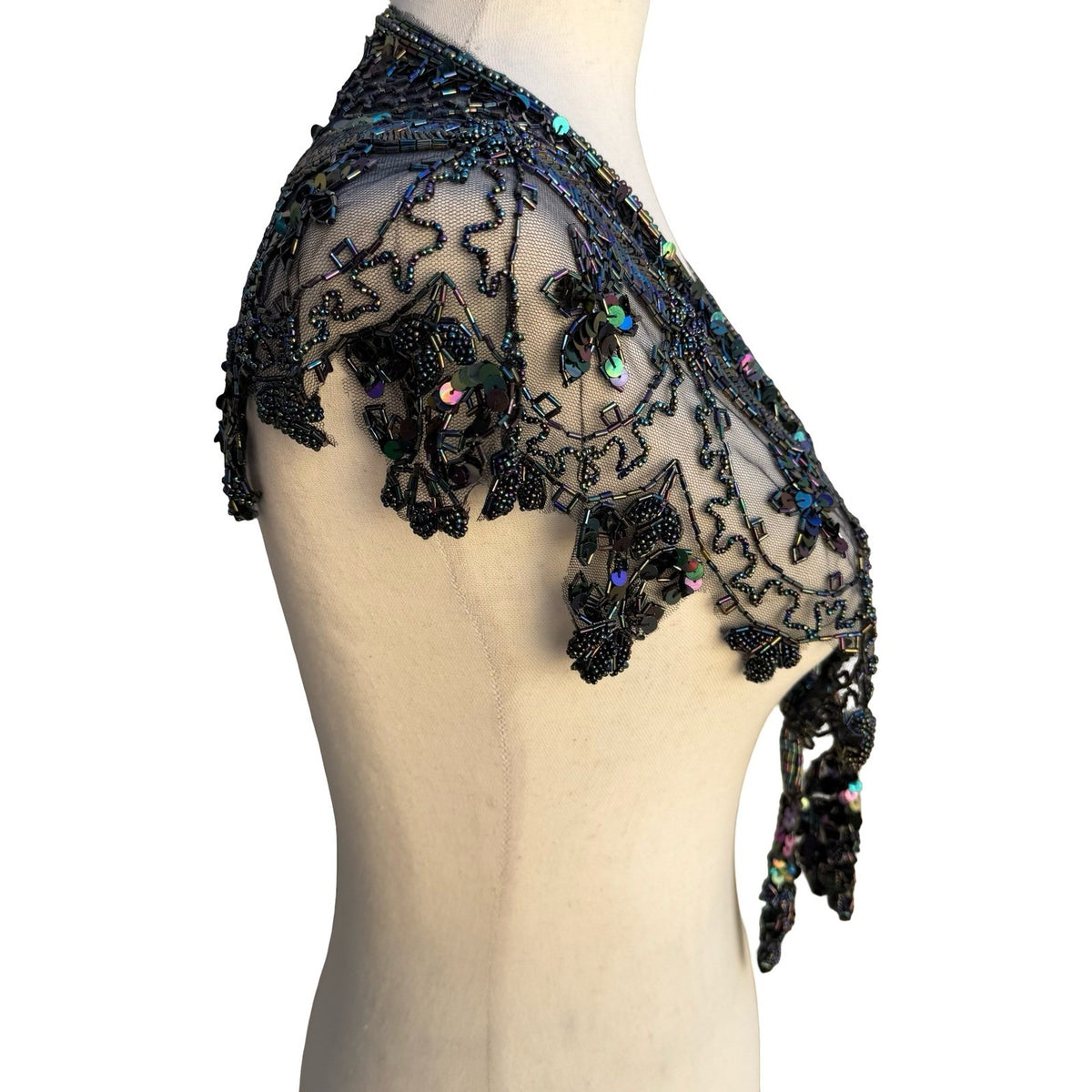 Vintage Glam Iridescent Beaded Mesh Bolero Shrug Tie Front Floral Capelet OS