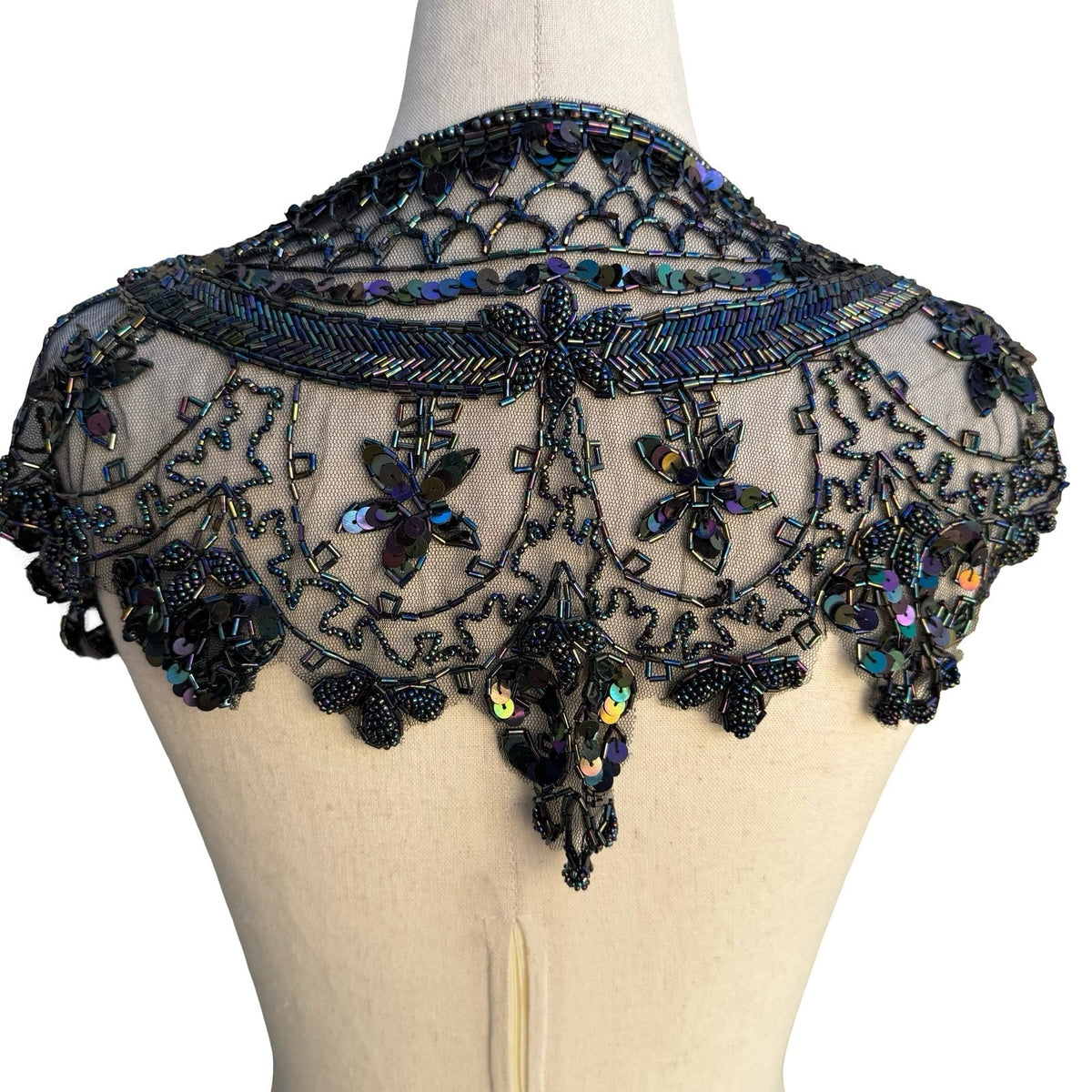 Vintage Glam Iridescent Beaded Mesh Bolero Shrug Tie Front Floral Capelet OS