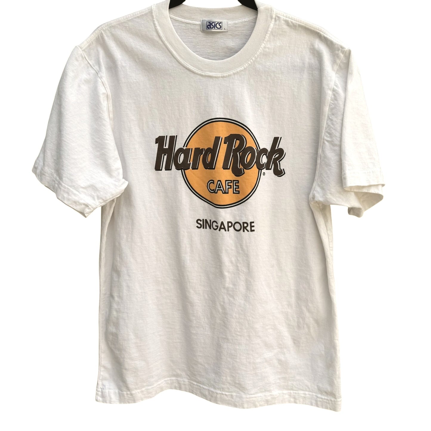 Hard Rock Cafe Singapore Vintage White Graphic Print Asics All Cotton Tee Shirt L