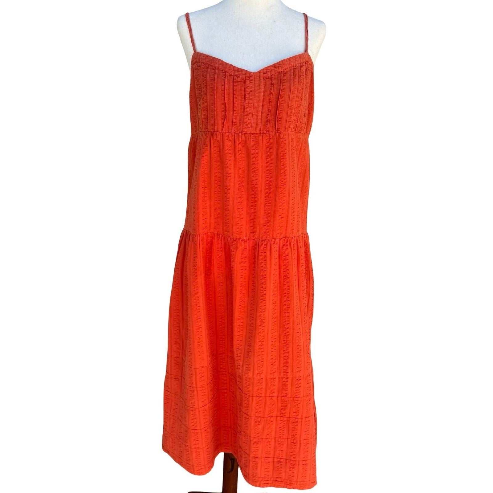 Boho Textured Tiered Midi Dress Smocked Boho Orange Coastal Sundress Cottage