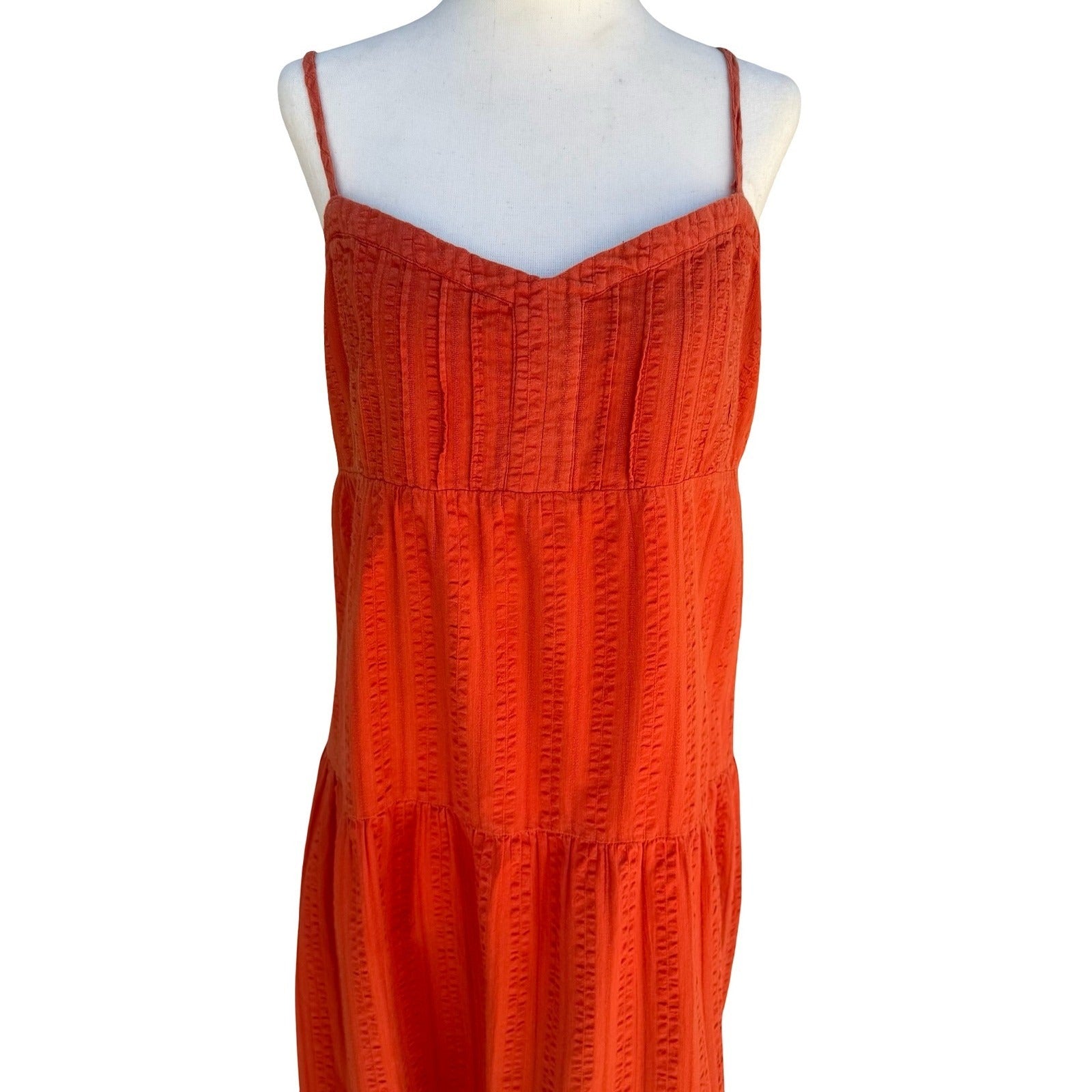 Boho Textured Tiered Midi Dress Smocked Boho Orange Coastal Sundress Cottage