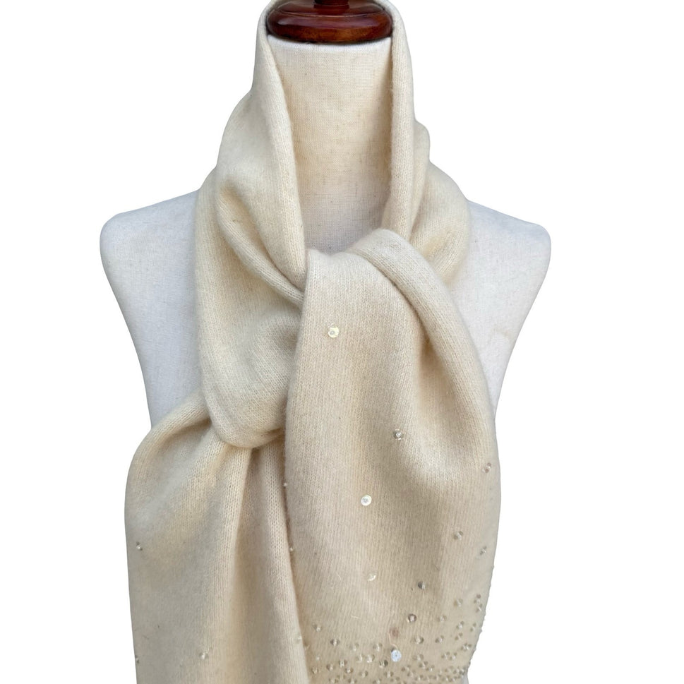 H&M Lambswool Angora Blend Sequin Knit Scarf Cream Ivory Soft Shimmer Sparkle