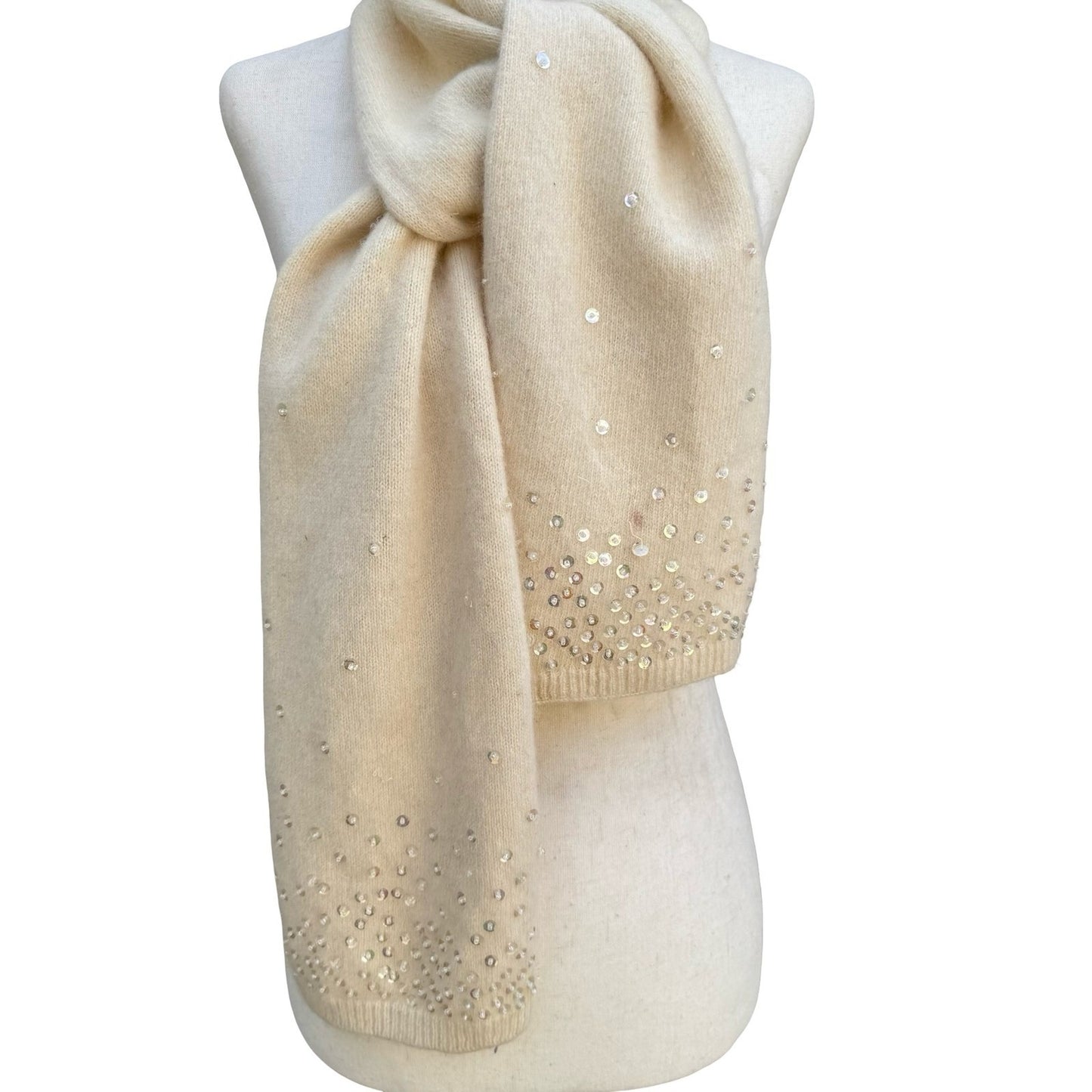 H&M Lambswool Angora Blend Sequin Knit Scarf Cream Ivory Soft Shimmer Sparkle
