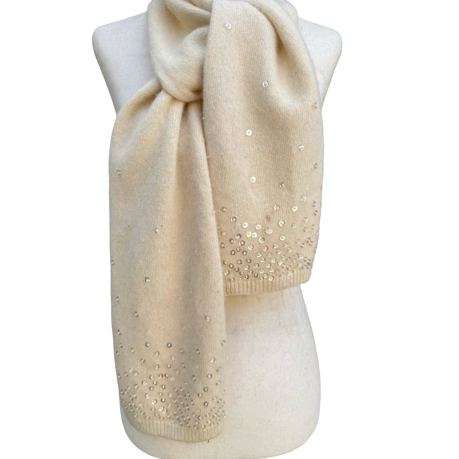 H&M Lambswool Angora Blend Sequin Knit Scarf Cream Ivory Soft Shimmer Sparkle