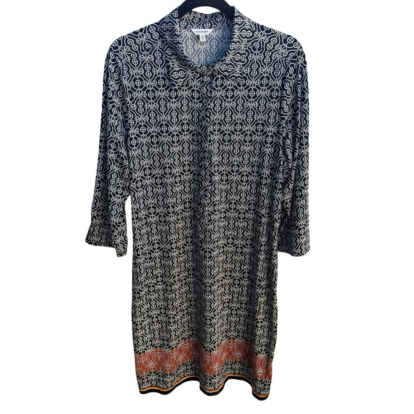 Max Studio Mod Geometric Chain Print 3/4 Sleeve Jersey Knit Shirt Dress Black XL