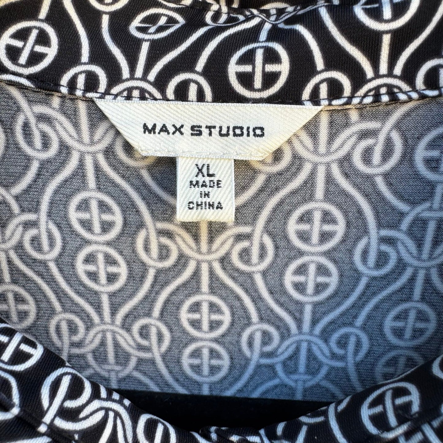 Max Studio Mod Geometric Chain Print 3/4 Sleeve Jersey Knit Shirt Dress Black XL