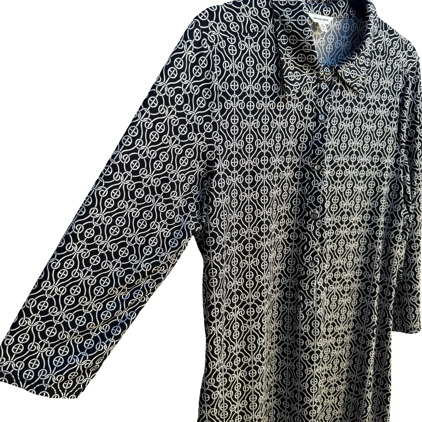 Max Studio Mod Geometric Chain Print 3/4 Sleeve Jersey Knit Shirt Dress Black XL