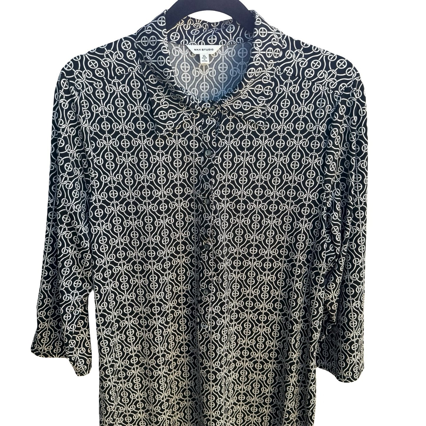Max Studio Mod Geometric Chain Print 3/4 Sleeve Jersey Knit Shirt Dress Black XL