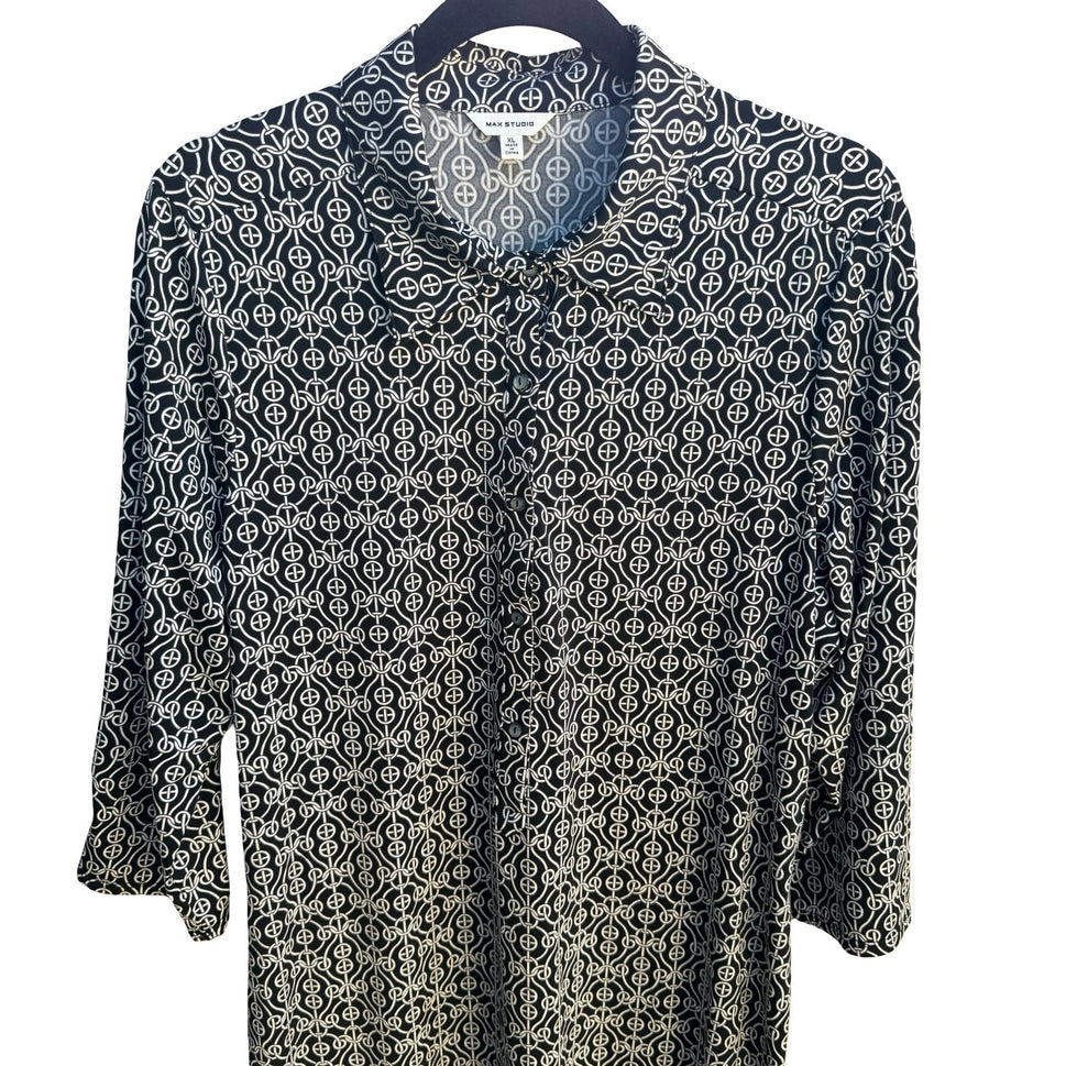 Max Studio Mod Geometric Chain Print 3/4 Sleeve Jersey Knit Shirt Dress Black XL