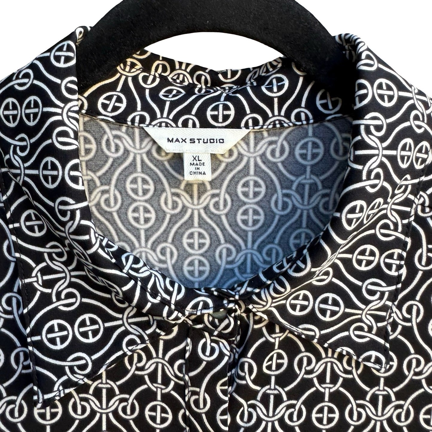Max Studio Mod Geometric Chain Print 3/4 Sleeve Jersey Knit Shirt Dress Black XL