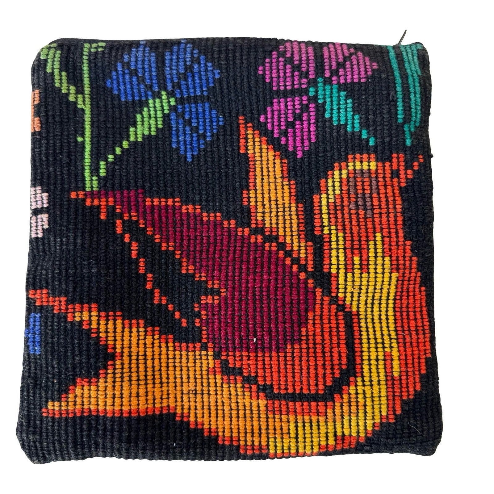 Vintage Handwoven Bird Floral Tapestry Pouch Black Multi Boho Zipper Clutch Bag