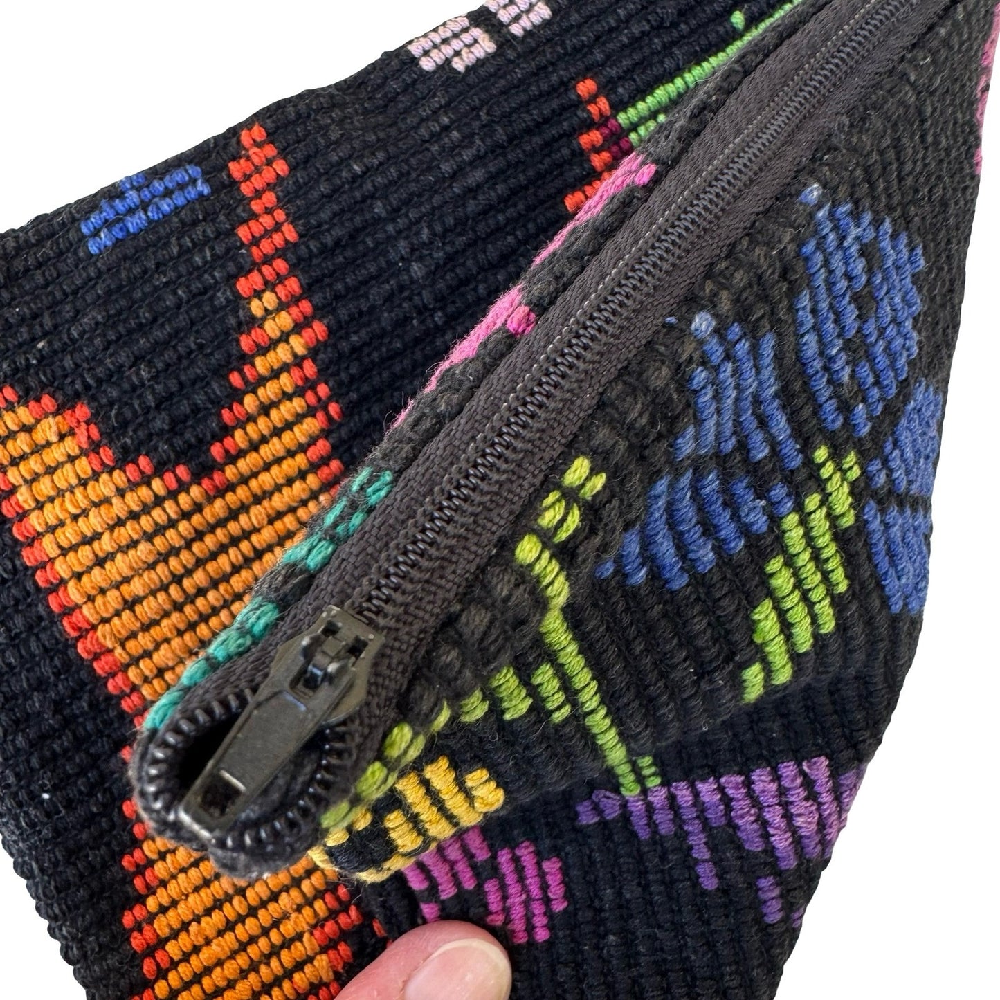 Vintage Handwoven Bird Floral Tapestry Pouch Black Multi Boho Zipper Clutch Bag