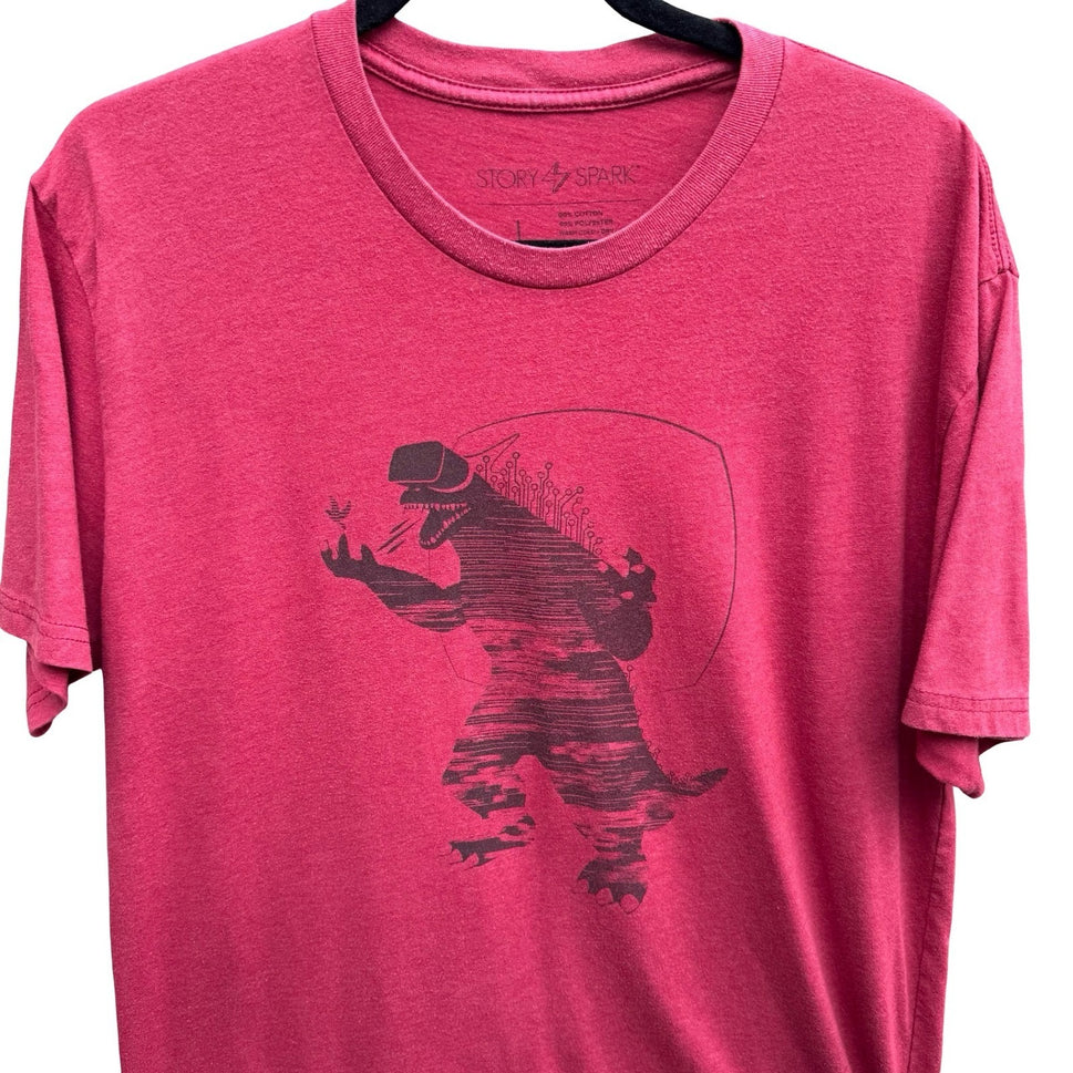 Story Spark VR Dinosaur Gamer Techwear T-Rex Geeky Nerd Graphic Tee Shirt Mens L