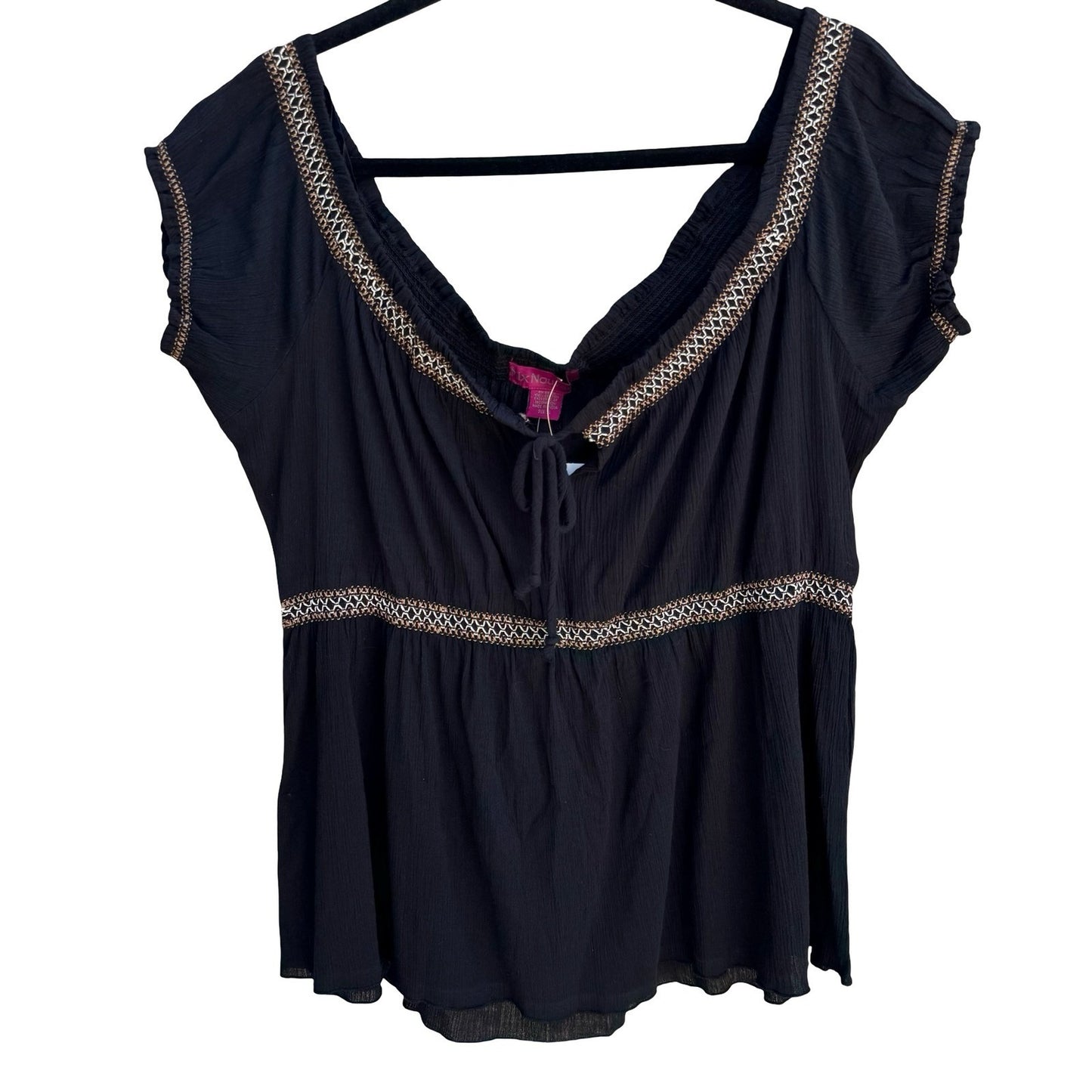Mix Nouveau Black Cotton Gauze Embroidered Boho Peasant Top XL NEW Festival