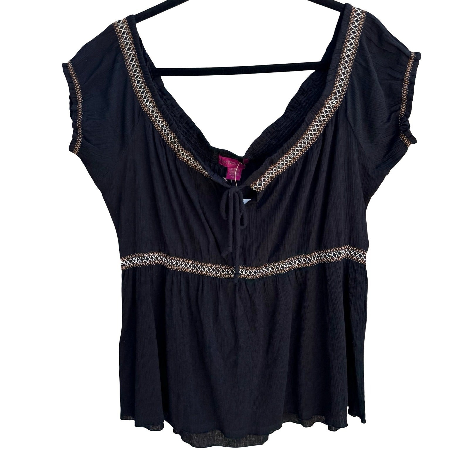 Mix Nouveau Black Cotton Gauze Embroidered Boho Peasant Top XL NEW Festival