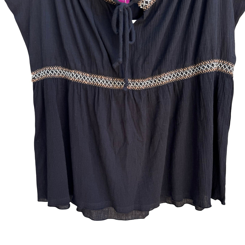 Mix Nouveau Black Cotton Gauze Embroidered Boho Peasant Top XL NEW Festival
