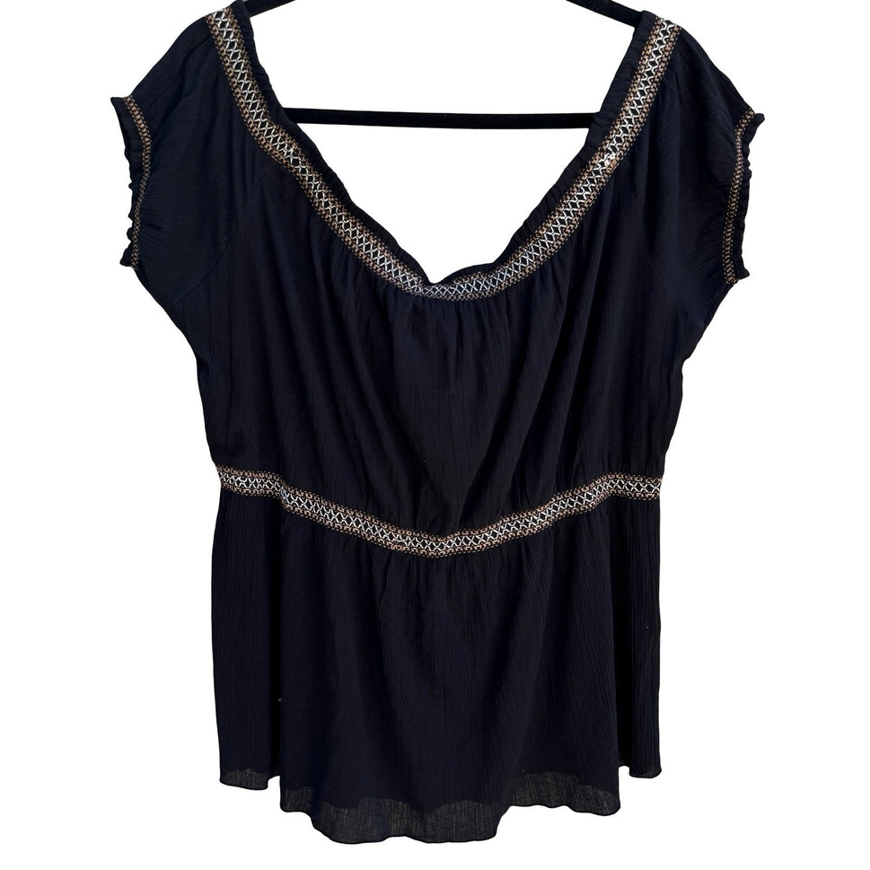 Mix Nouveau Black Cotton Gauze Embroidered Boho Peasant Top XL NEW Festival
