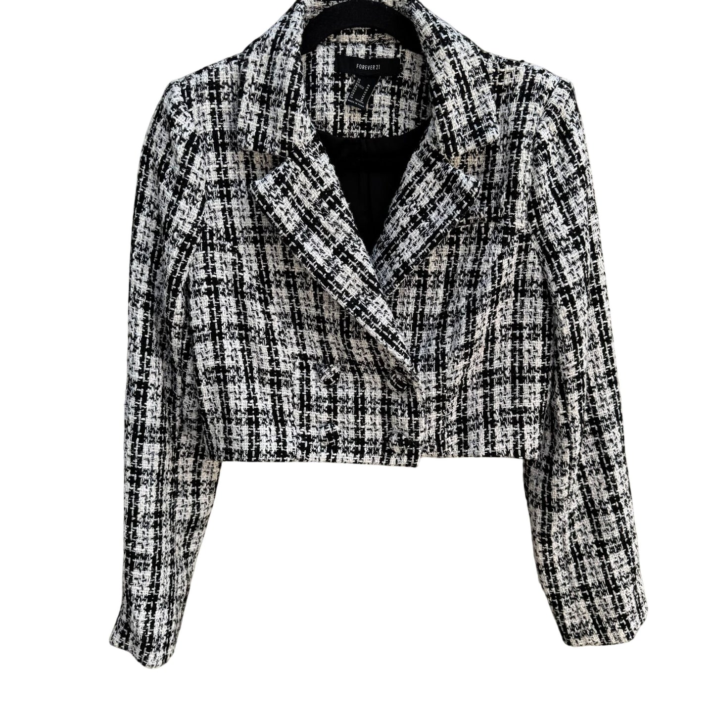 Forever 21 Womens Black White Tweed Cropped Double Breasted Blazer Jacket M