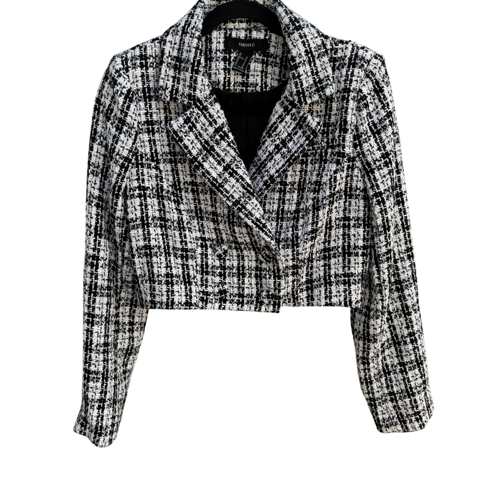 Forever 21 Womens Black White Tweed Cropped Double Breasted Blazer Jacket M