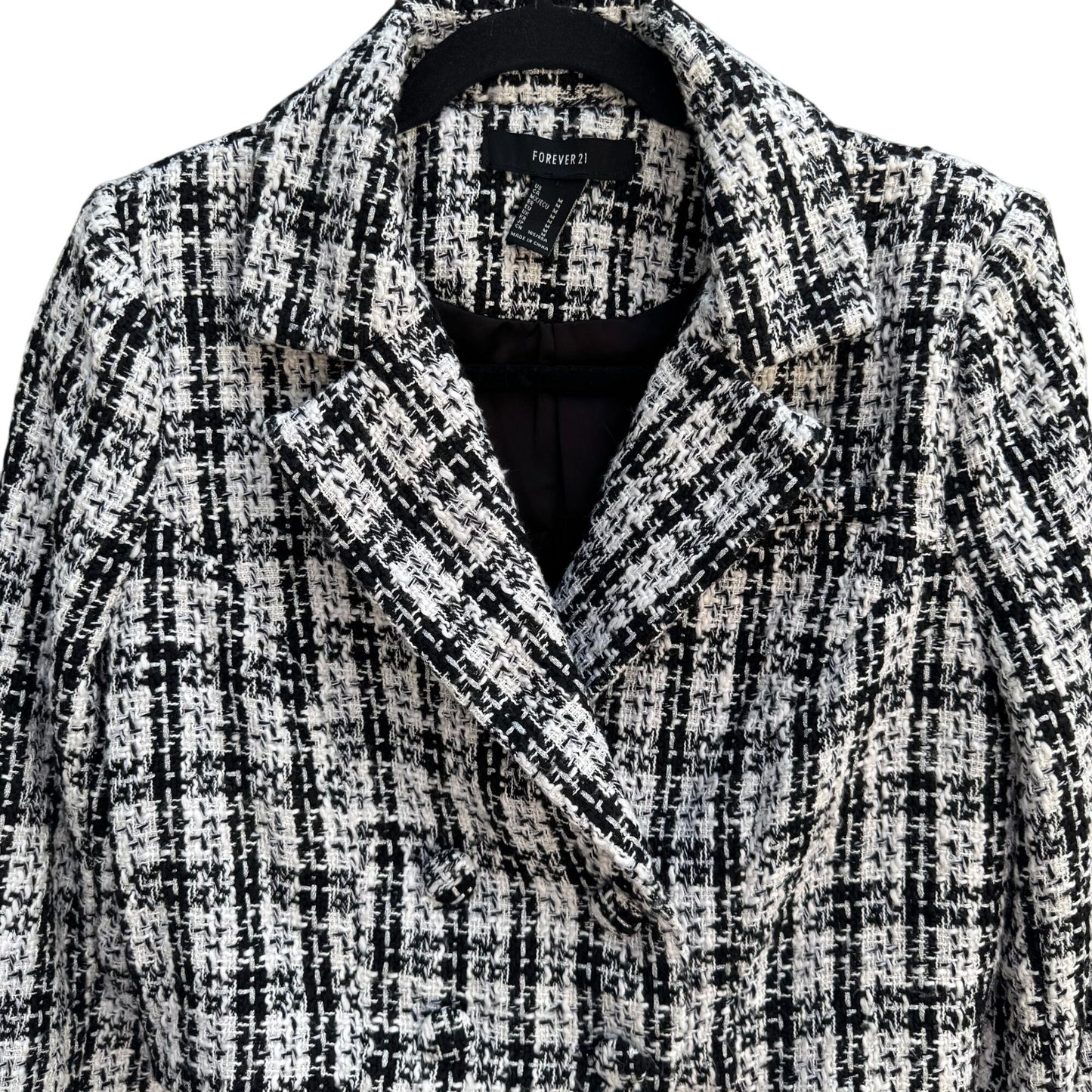 Forever 21 Womens Black White Tweed Cropped Double Breasted Blazer Jacket M