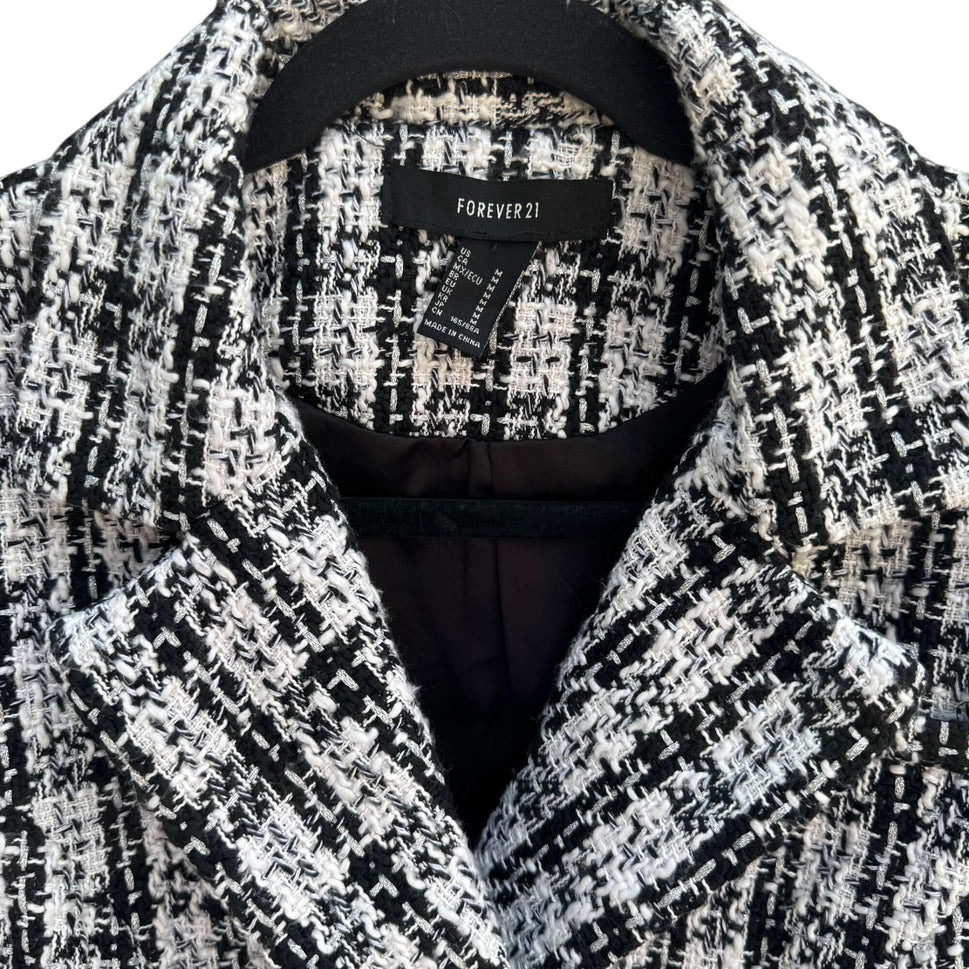 Forever 21 Womens Black White Tweed Cropped Double Breasted Blazer Jacket M